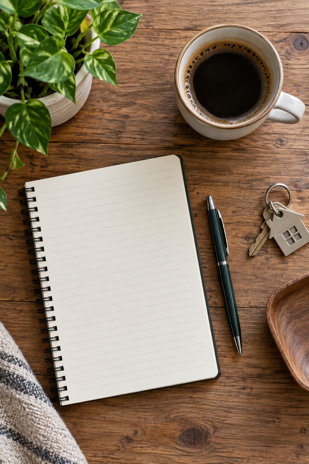 Desk flat-lay, illustrative