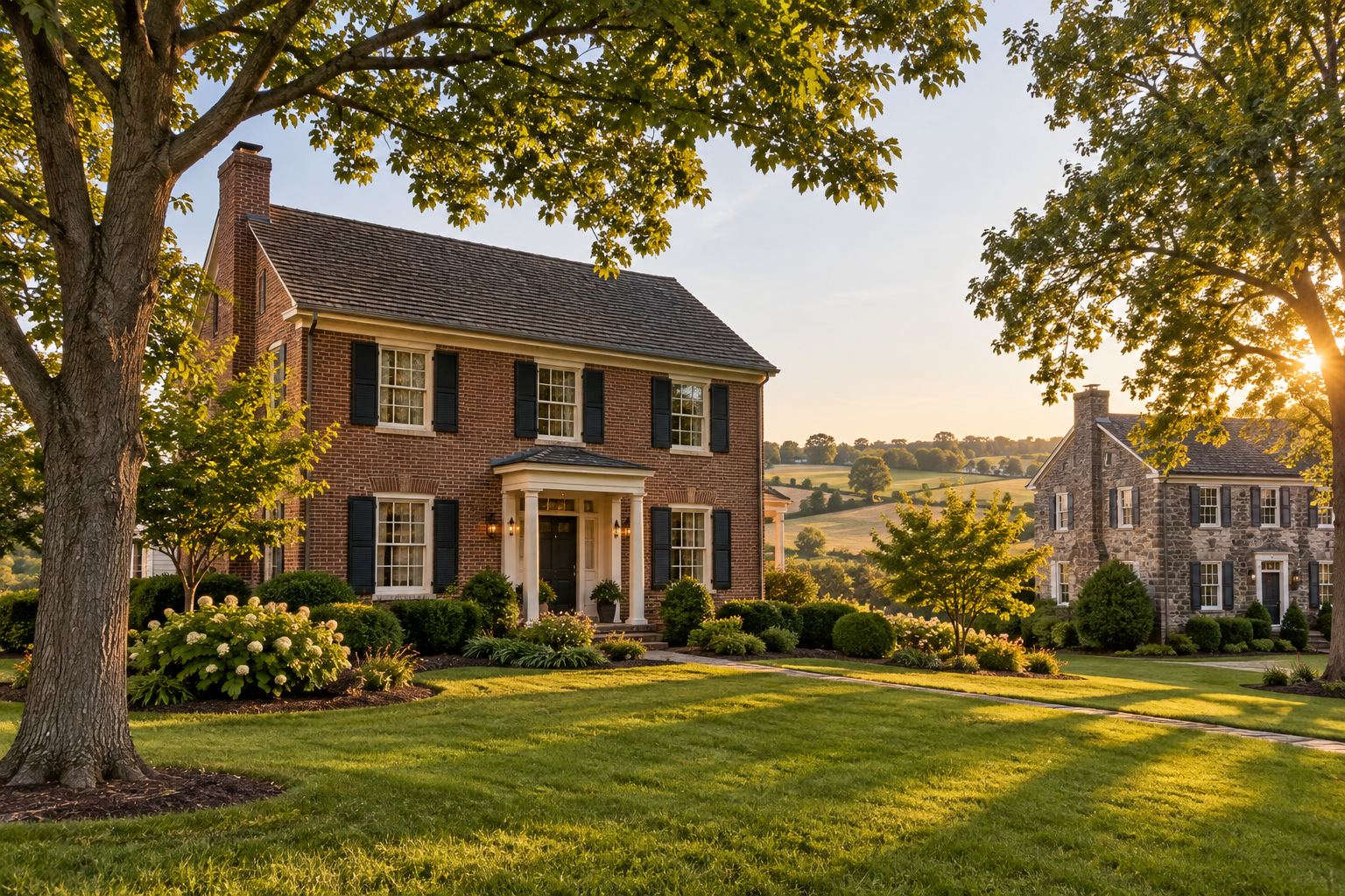 A Pennsylvania brick home on a quiet Lancaster County street, illustrative