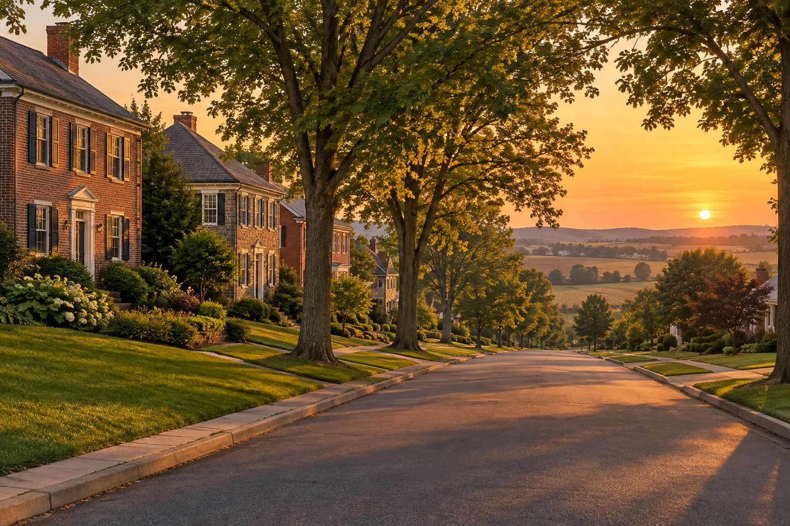 A Lancaster residential street at sunset, illustrative