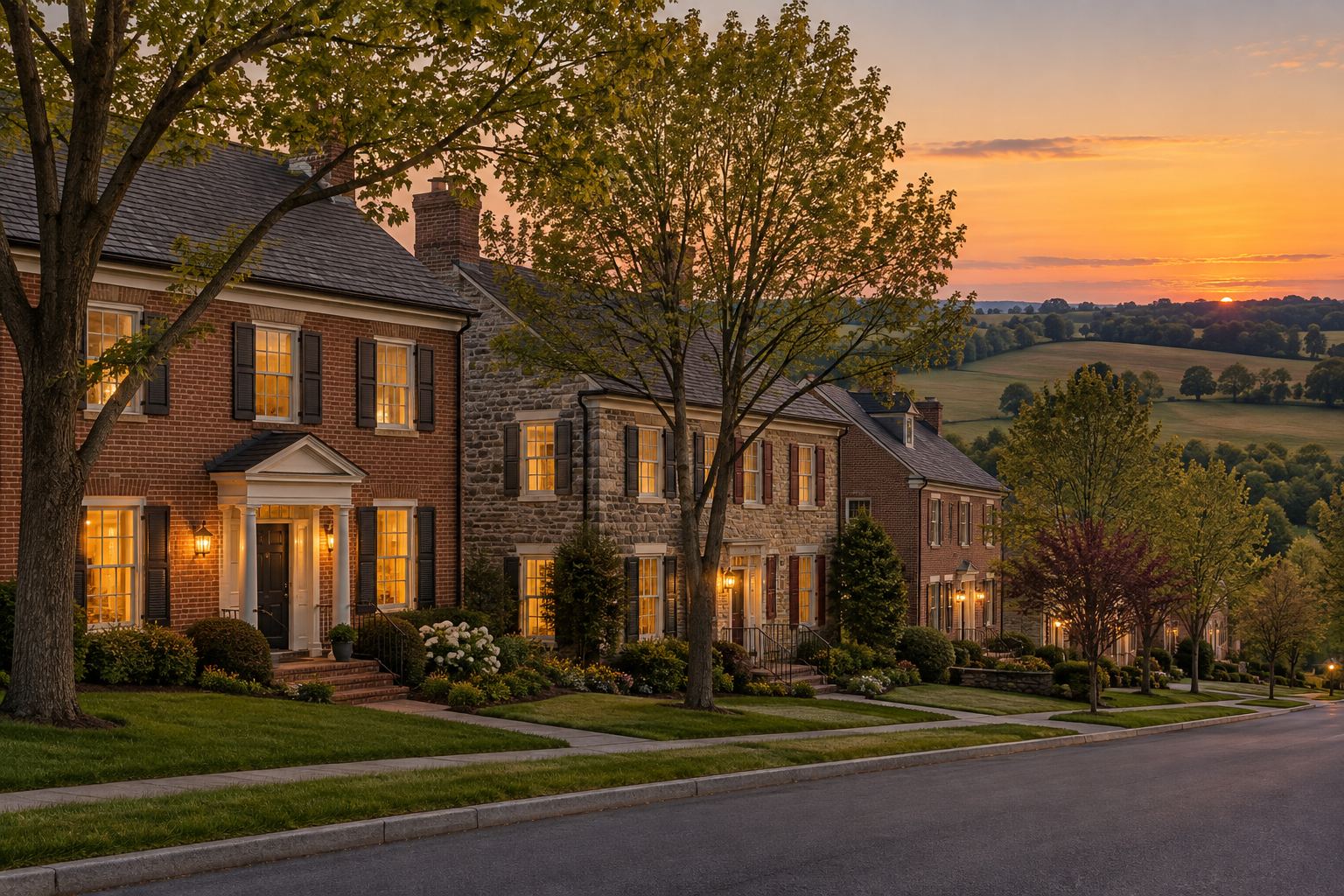 A Lancaster County brick home at dusk, illustrative