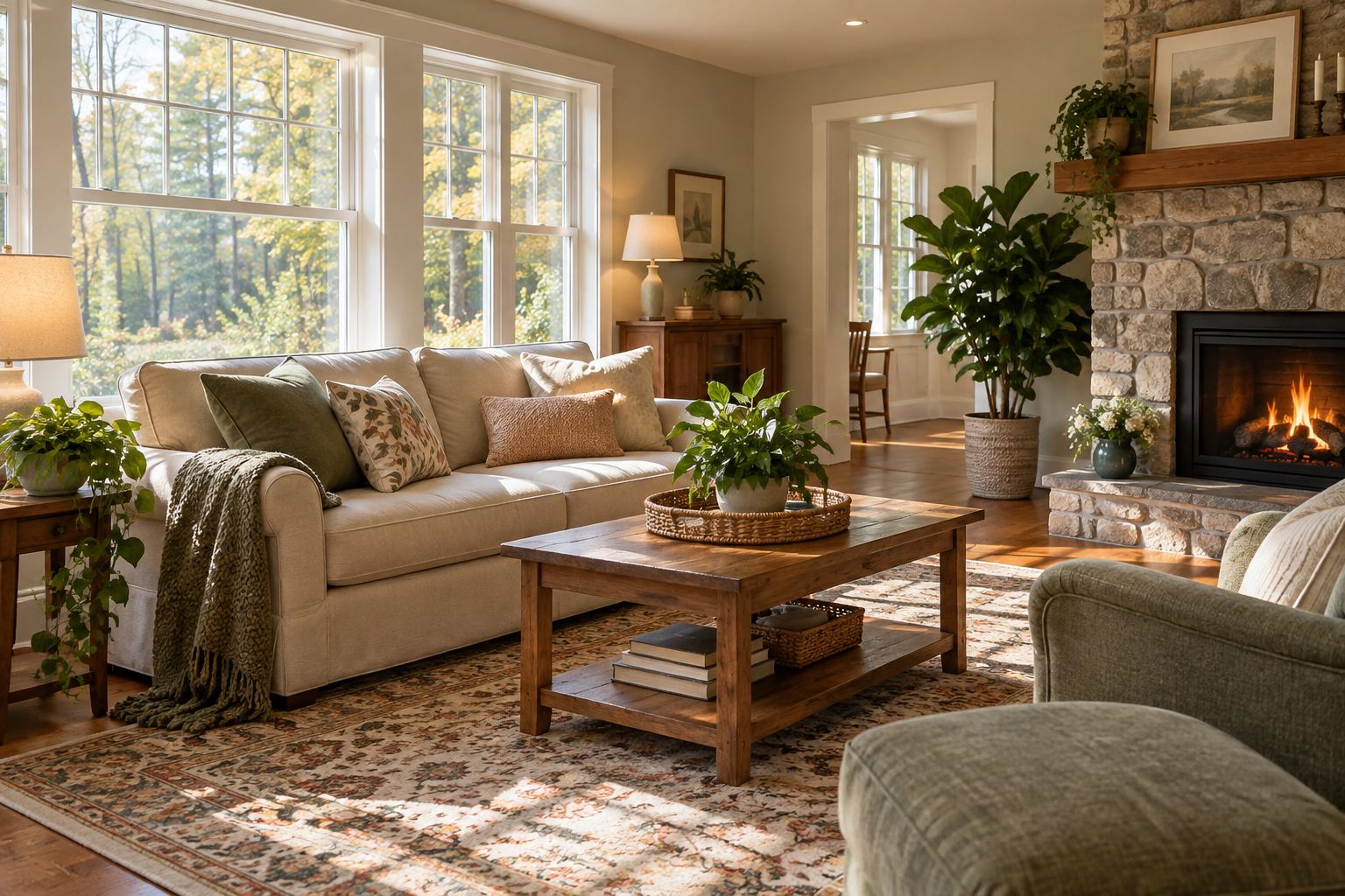 A cozy Lancaster living room, illustrative